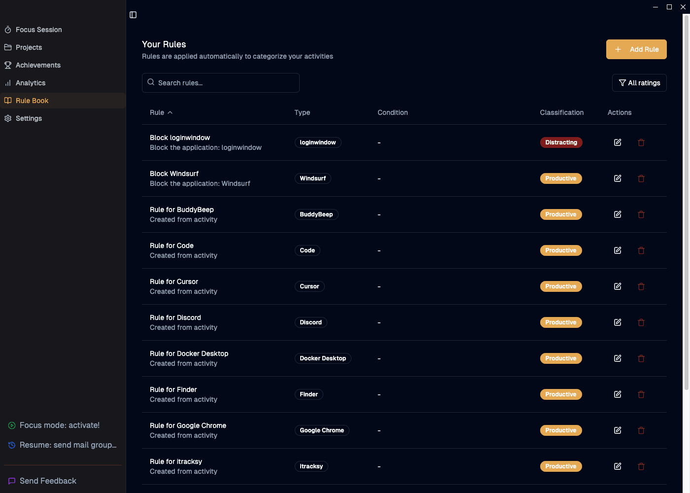 Rule-based classification interface in iTracksy